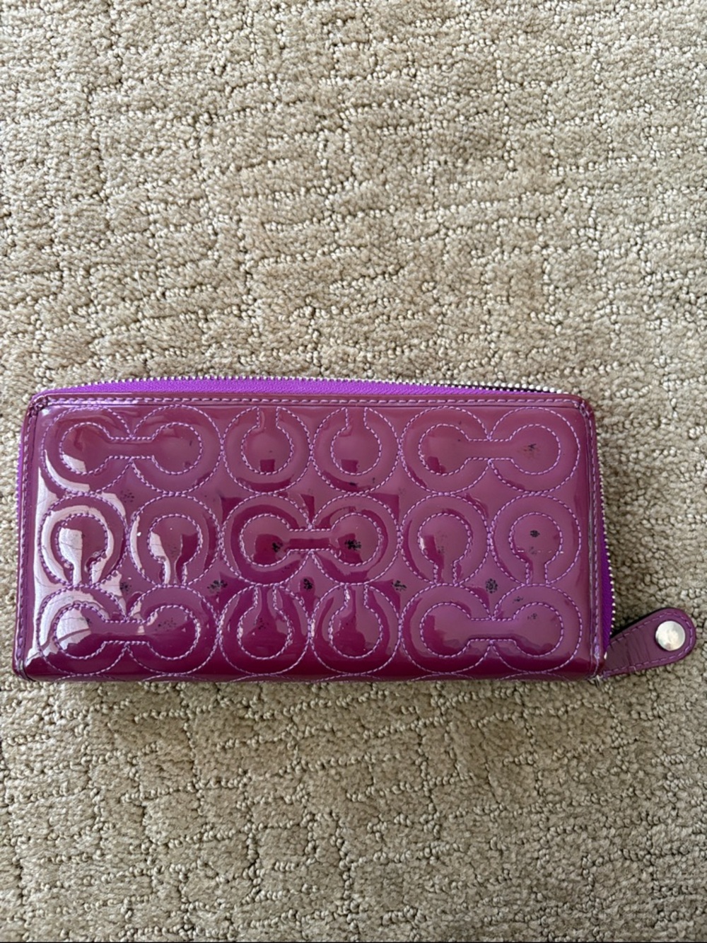 Coach Patent Leather Zip Wallet in Plum